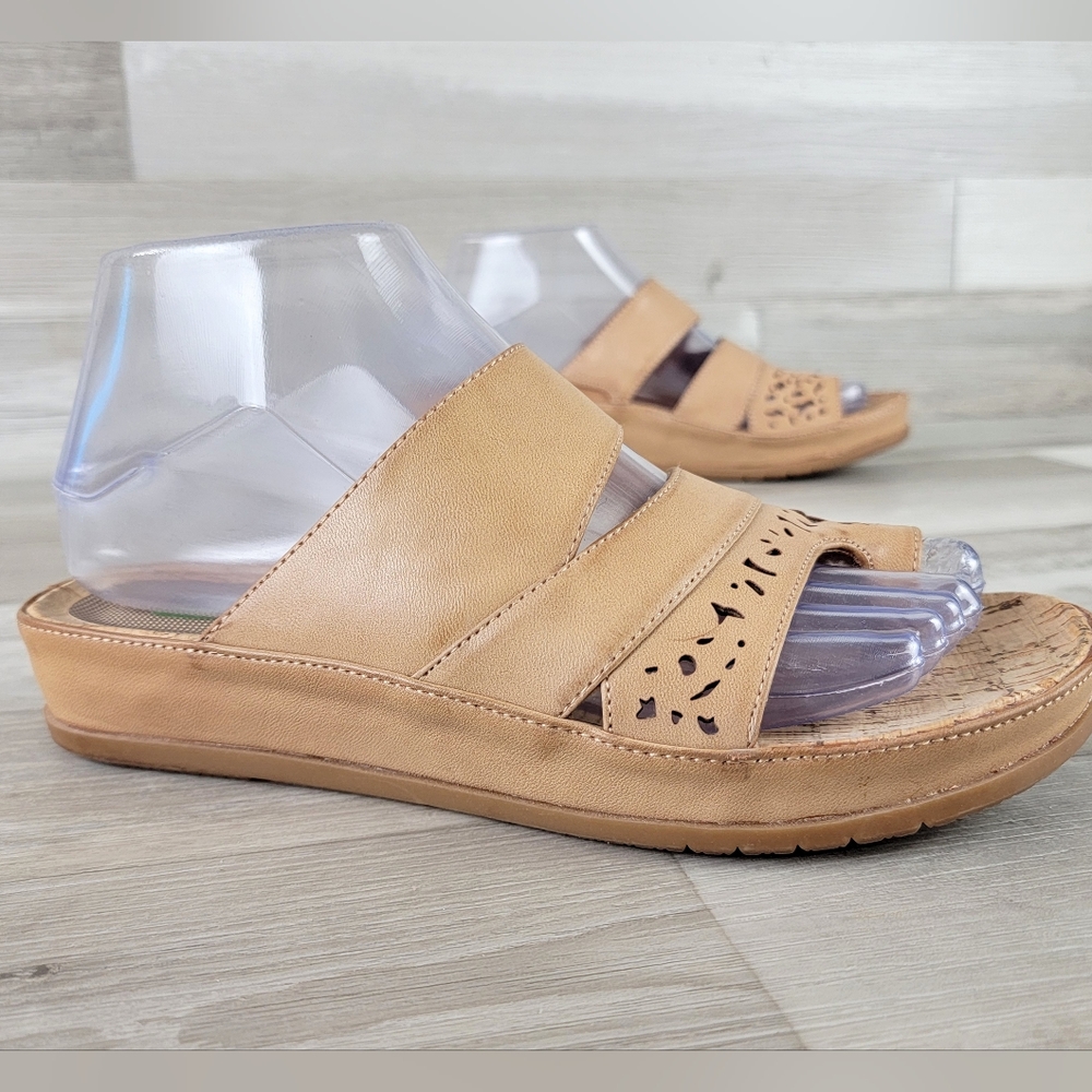 BareTraps Tan Leather Slide Sandals